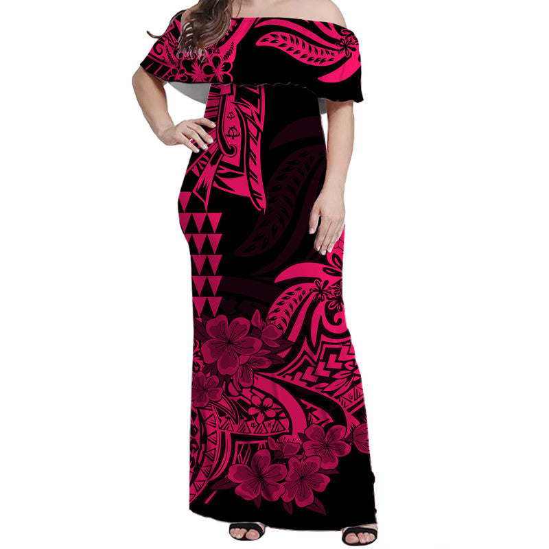 Hawaii Kakau Off Shoulder Long Dress Polynesian Floral Tribal Pink Version LT9 Women Pink - Polynesian Pride