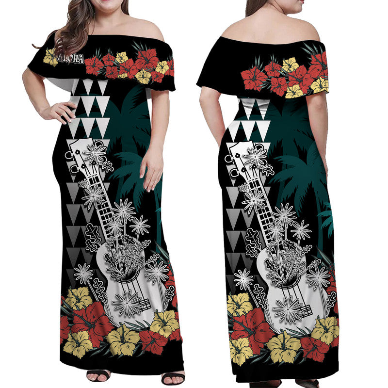 Hawaii Ukulele Mix Hibiscus and Coconut Tree Women Off Shoulder Long Dress Aloha Vintage Black Version LT9 Women Black - Polynesian Pride