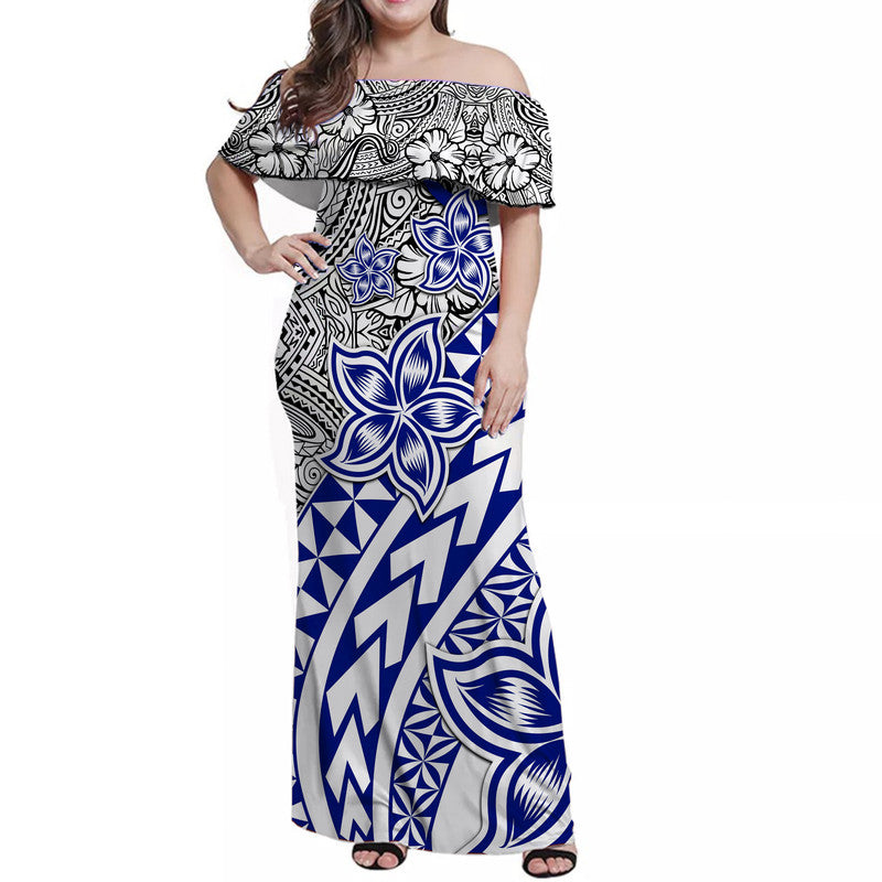 Traditional Polynesian Tribal Tattoo Retro Women Off shoulder Long Dress Blue LT9 Women Blue - Polynesian Pride