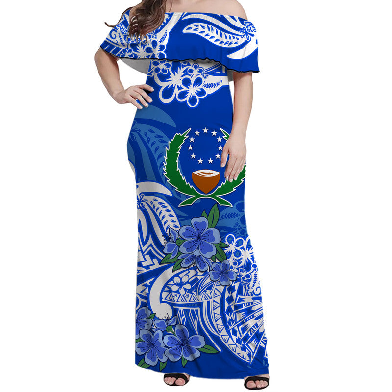 FSM Pohnpei State Off Shoulder Long Dress Polynesian Floral Tribal LT9 Women Blue - Polynesian Pride