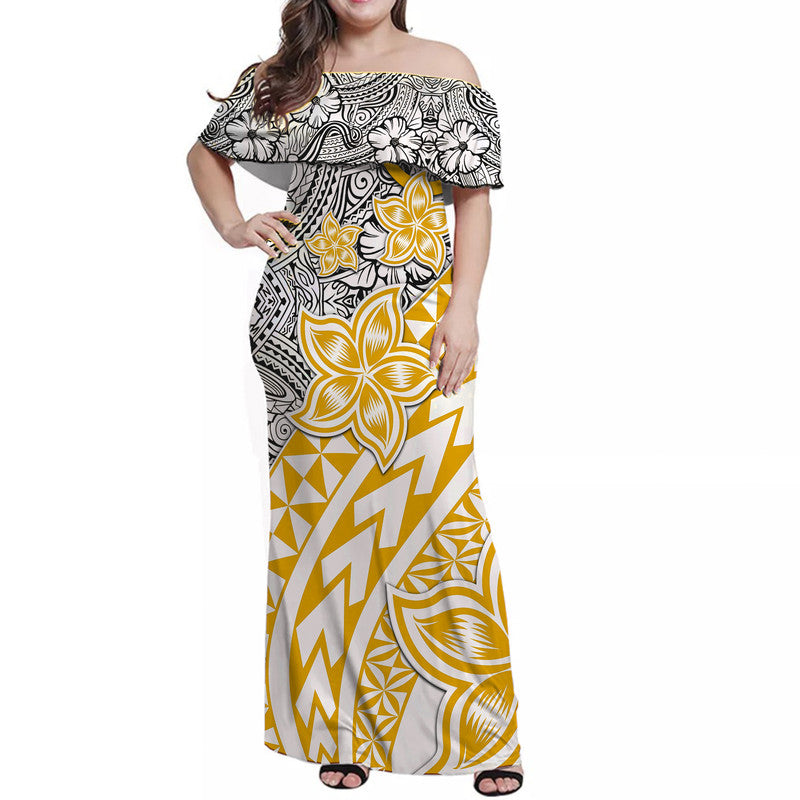 Traditional Polynesian Tribal Tattoo Retro Women Off shoulder Long Dress Yellow LT9 Women Yellow - Polynesian Pride