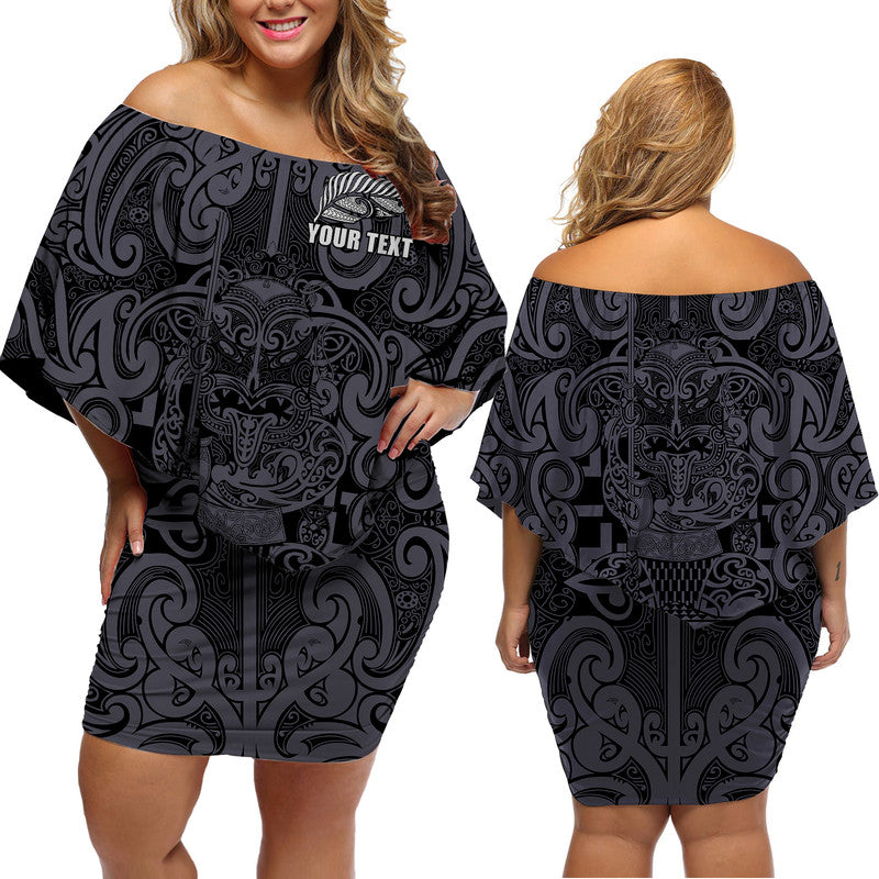 (Custom Personalised) New Zealand Taiaha Maori Women Off Shoulder Short Dress Minimalist Silver Fern All Black LT9 Women Black - Polynesian Pride