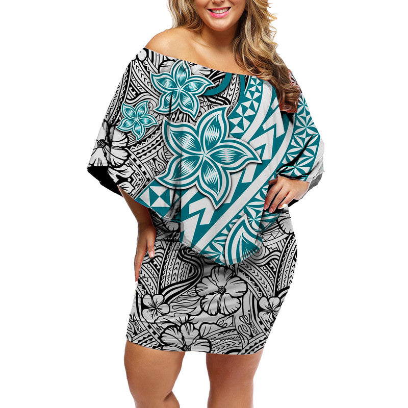 Traditional Polynesian Tribal Tattoo Retro Women Off shoulder Short Dress Turquoise LT9 Women Turquoise - Polynesian Pride