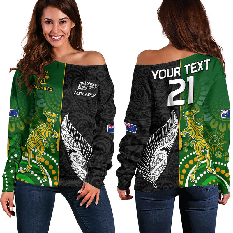 (Custom Personalised) Aotearoa Rugby All Black Combine Australia Wallabies Women Off Shoulder Sweater Aboriginal Kangaroo And Maori Fern LT9 - Polynesian Pride