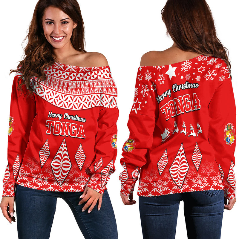 Tonga Kupesi Ngatu Merry Christmas Women Off Shoulder Sweater LT9 Women Red - Polynesian Pride