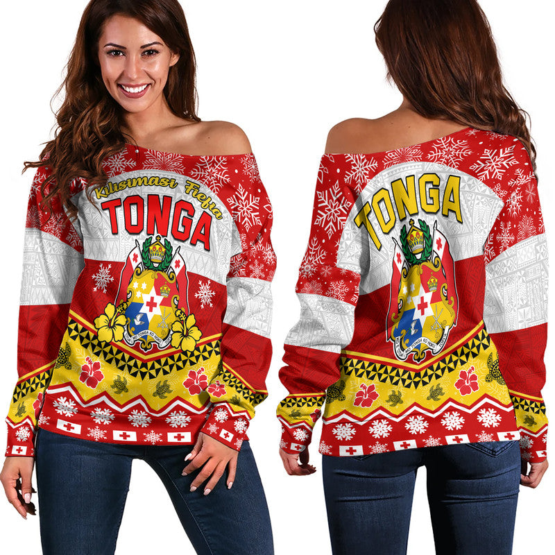 Tonga Christmas Kilisimasi Fiefia Coat Of Arms Women Off Shoulder Sweater LT9 Women Red - Polynesian Pride