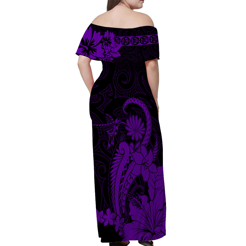 Maori Floral Pattern Off Shoulder Long Dress Hummingbird - Purple LT7 - Polynesian Pride
