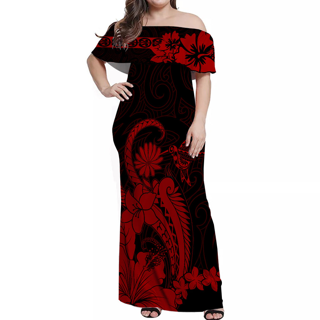 Maori Floral Pattern Off Shoulder Long Dress Hummingbird - Red LT7 Long Dress Red - Polynesian Pride