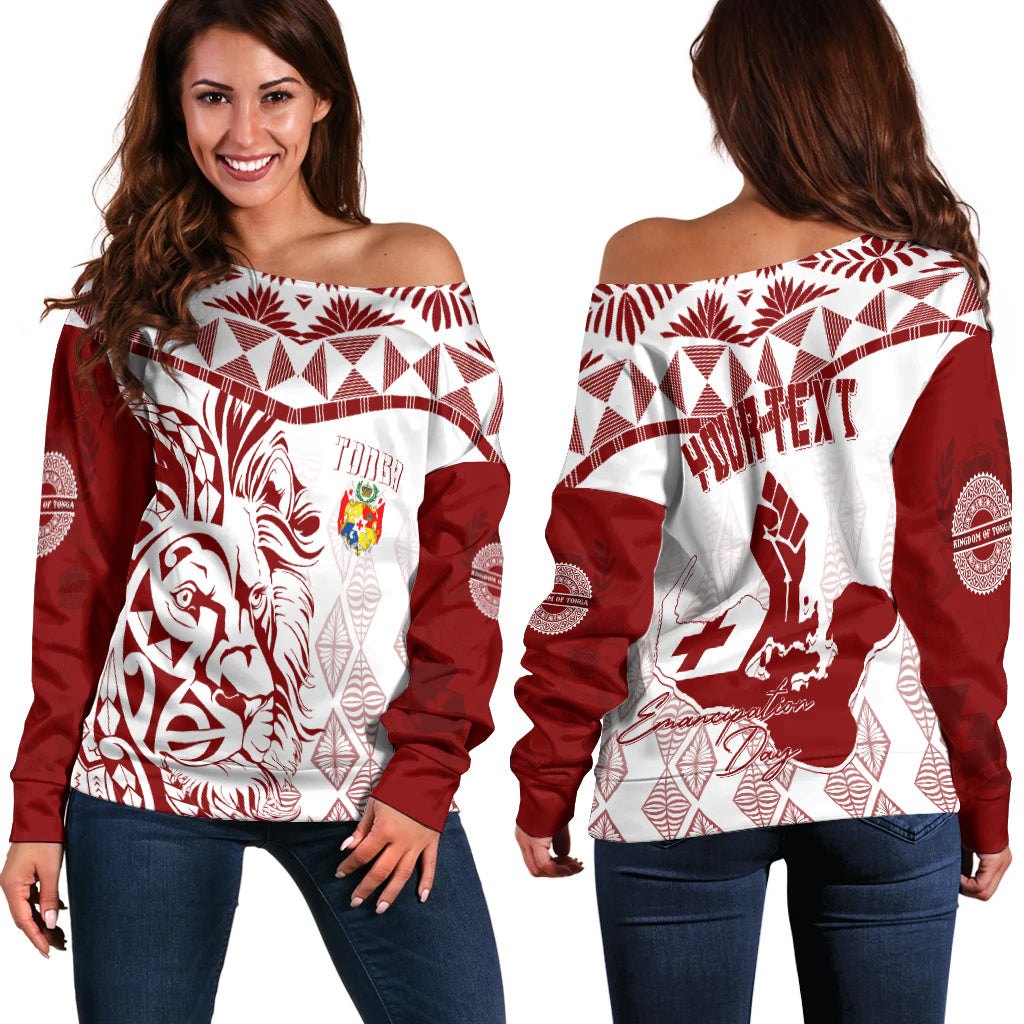 Tonga Personalised Off Shoulder Sweater Emancipation Day Lion Style LT7 Women White - Polynesian Pride