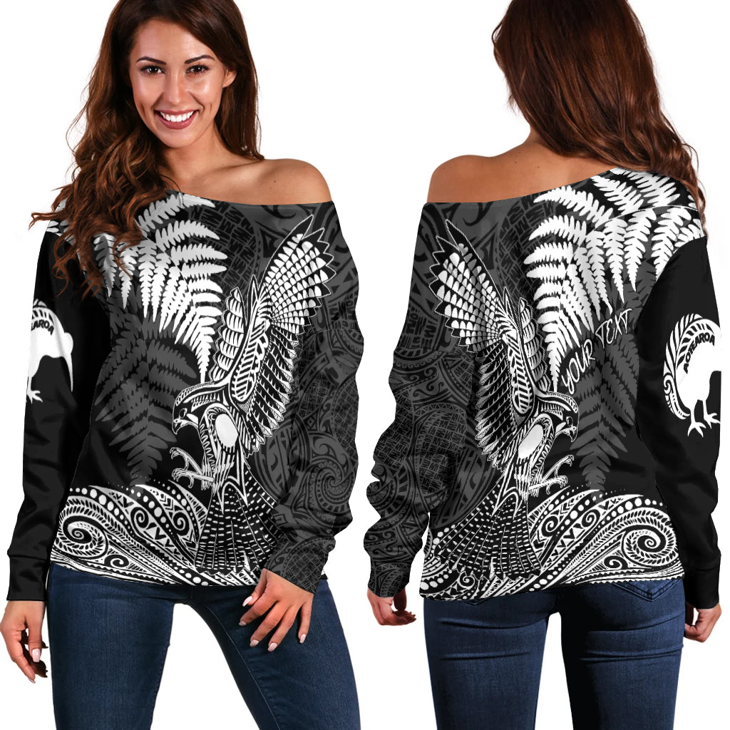 (Custom Personalized) Aotearoa Silver Fern Off Shoulder Sweater Flying Krearea LT7 - Polynesian Pride