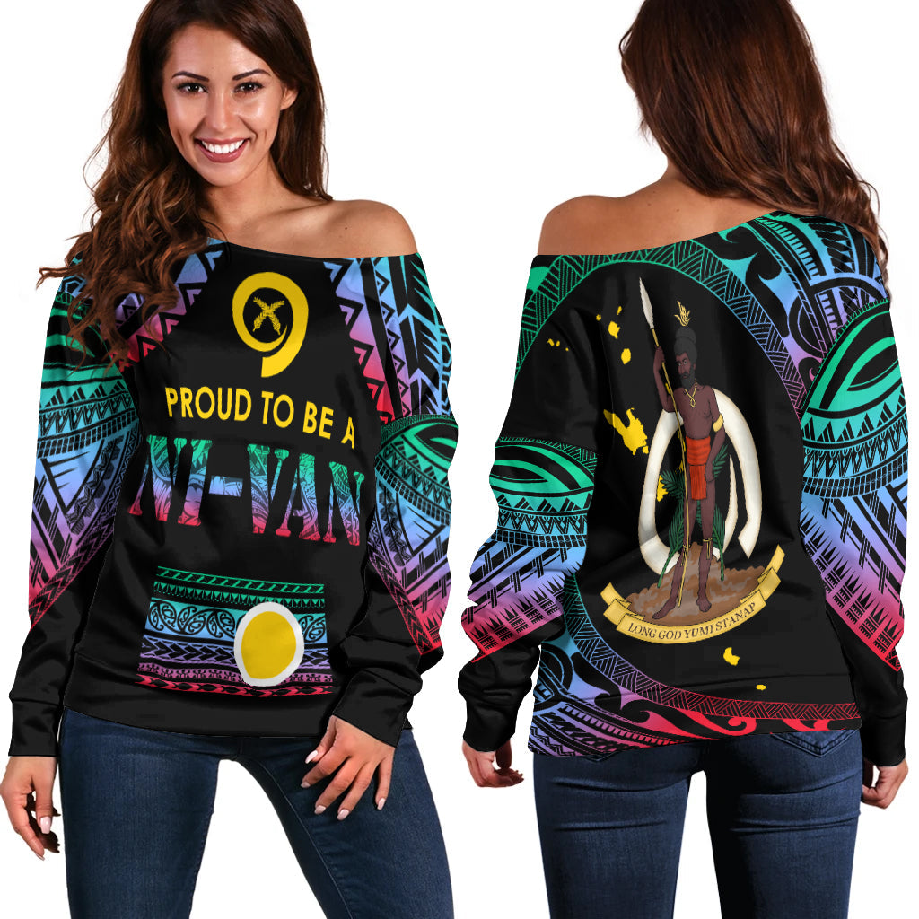 Vanuatu Proud To Be A Ni-Van - Polynesian Pattern Off Shoulder Sweater - Shefa Province LT7 Women Black - Polynesian Pride