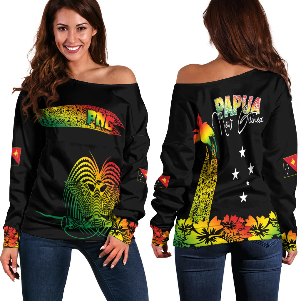 PNG Hibiscus Tribal Pattern Off Shoulder Sweater Motuan Reggae Color LT7 Women Reggae - Polynesian Pride