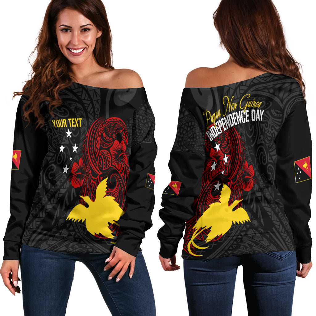 Personalised Papua New Guinea 47th Independence Off Shoulder Sweater Tribal Turtle LT7 Women Black - Polynesian Pride