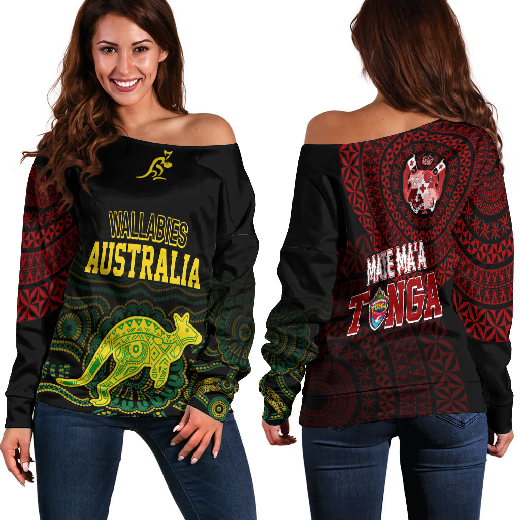 Personalised Aussie Wallabies Mix Mate Maa Tonga Off Shoulder Sweater Ver 02 LT7 Women Black - Polynesian Pride