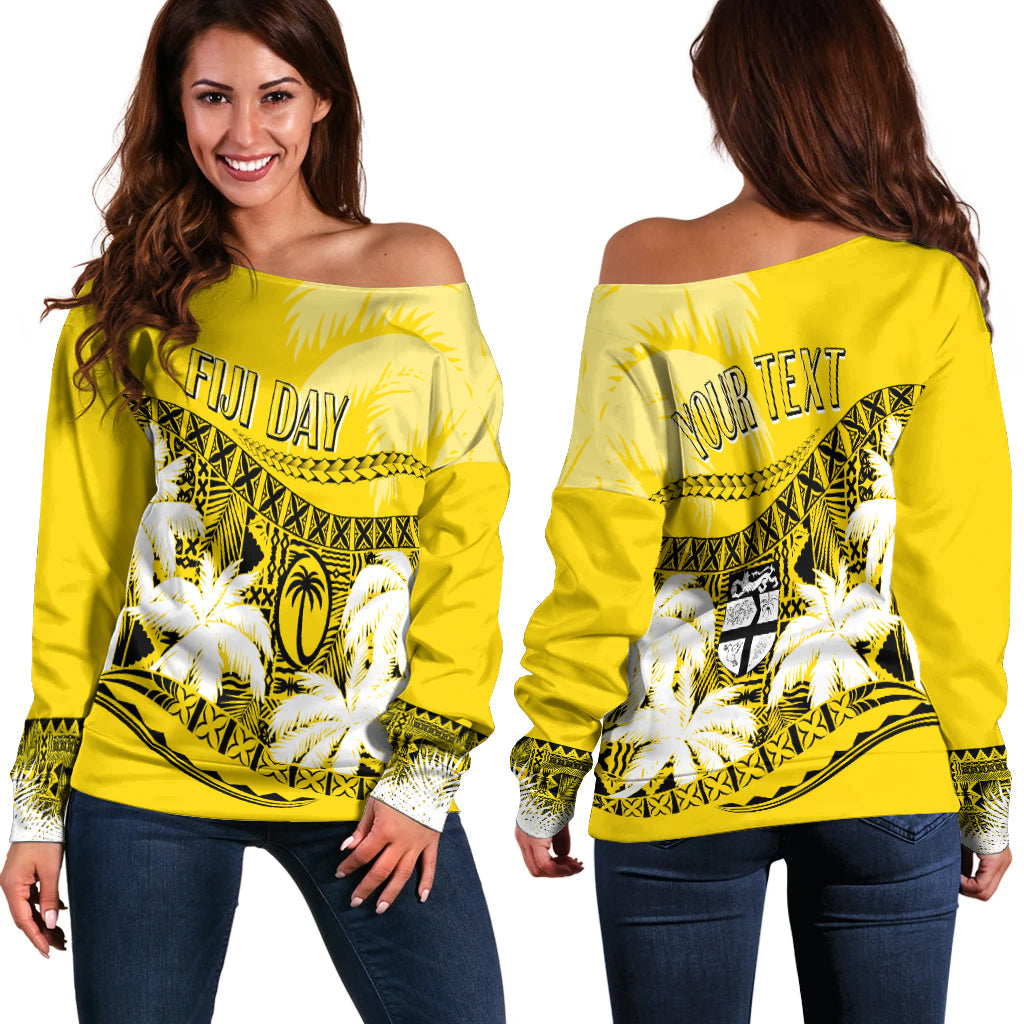 Personalised Fiji Day Off Shoulder Sweater Flying Fijians Masi Kesa Style - Gold LT7 Women Gold - Polynesian Pride