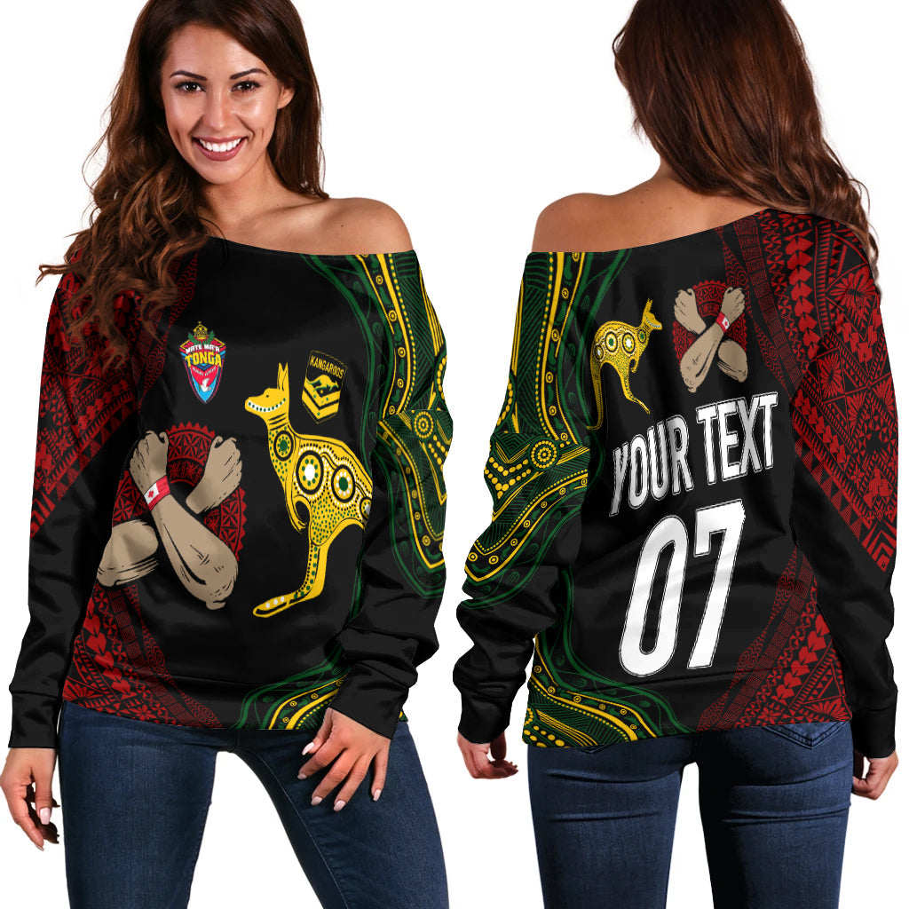 Personalised Aussie Kangaroos Mix Mate Maa Tonga Off Shoulder Sweater Aboriginal with Kupesi LT7 Women Black - Polynesian Pride