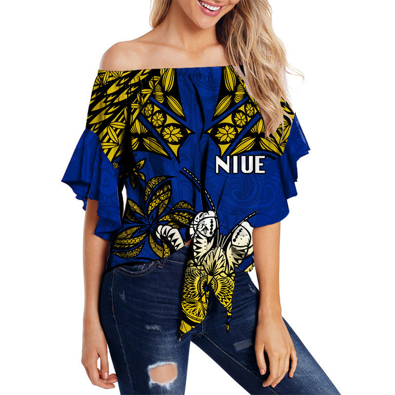 Niue Uga Off Shoulder Waist Wrap Top Tribal Patterns Blue Style LT6 Women Blue - Polynesian Pride