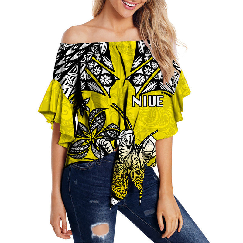 Niue Uga Off Shoulder Waist Wrap Top Tribal Patterns Yellow Style LT6 Women Yellow - Polynesian Pride