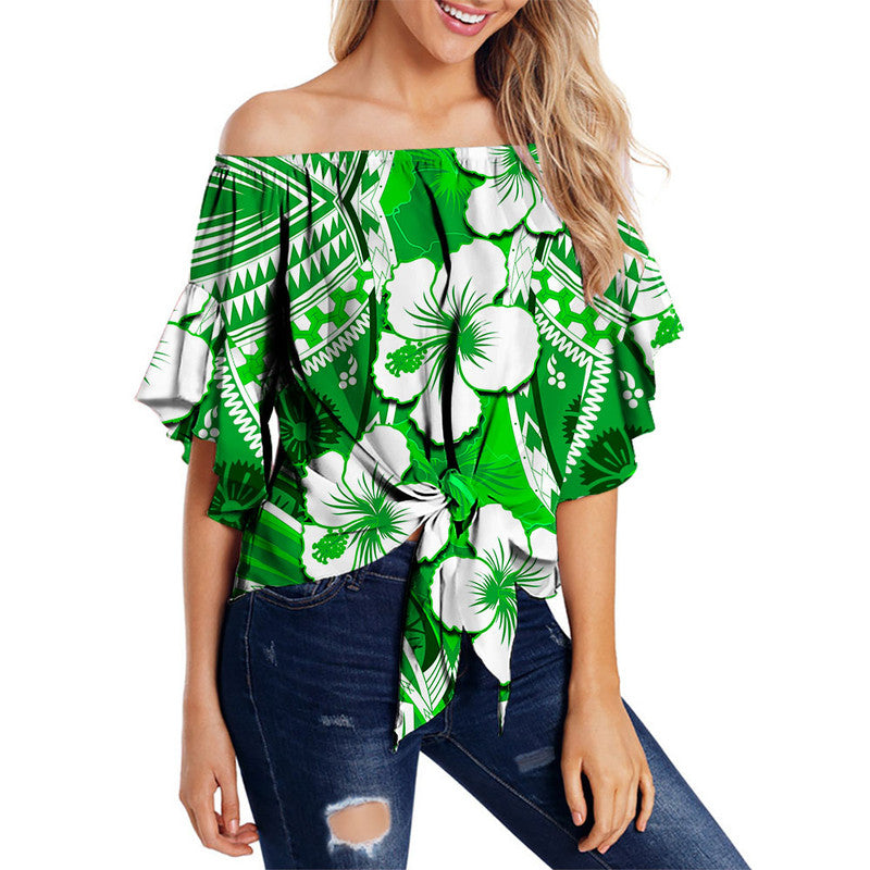 Hibiscus Off Shoulder Waist Wrap Top Fiji Patterns Green LT6 Women Green - Polynesian Pride