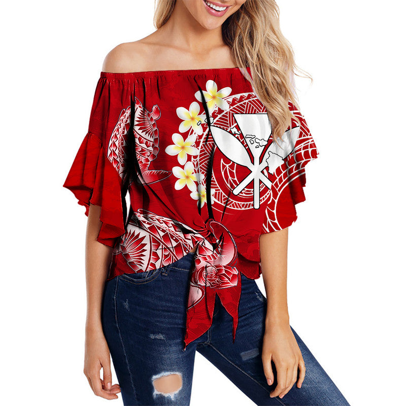 Hawaii Kanaka Turtle Off Shoulder Waist Wrap Top Style No.2 LT6 Women Red - Polynesian Pride