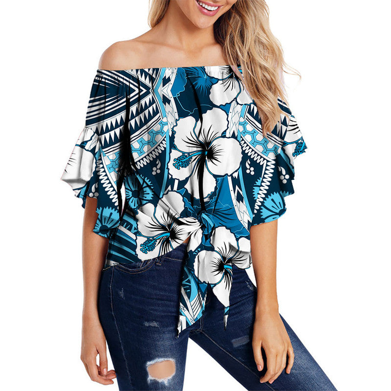 Hibiscus Off Shoulder Waist Wrap Top Fiji Patterns Blue LT6 Women Blue - Polynesian Pride