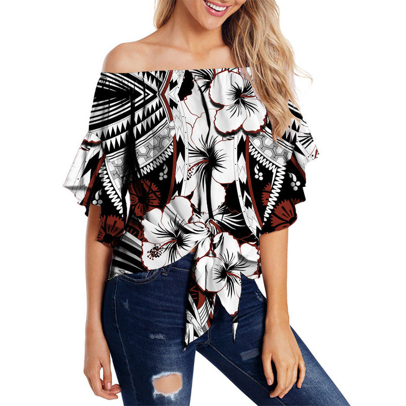 Hibiscus Off Shoulder Waist Wrap Top Fiji Patterns LT6 Women White - Polynesian Pride