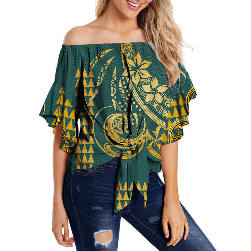 Kakau Hawaiian Polynesian Off Shoulder Waist Wrap Top LT6 Women Green - Polynesian Pride