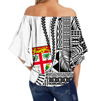 Fiji Off Shoulder Wrap Waist Top Dress Masi Tapa Patterns White Style LT6 - Polynesian Pride
