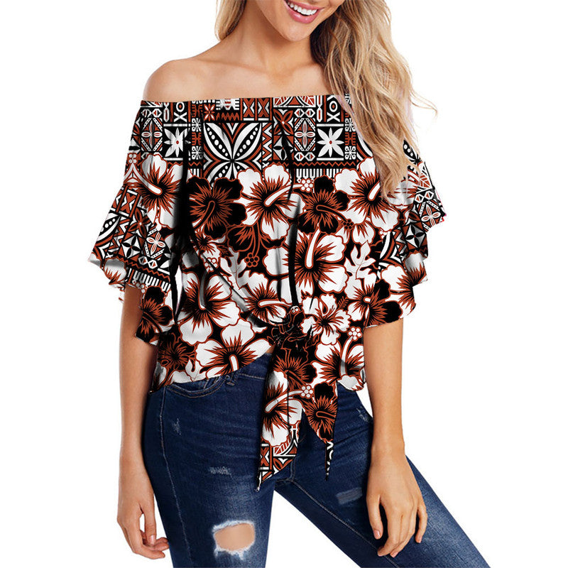 Fiji Hibiscus Festival Off Shoulder Waist Wrap Top Brown LT6 Women Brown - Polynesian Pride