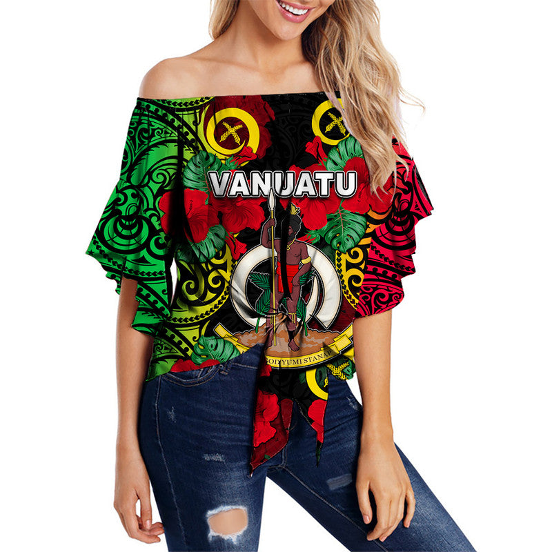 Vanuatu Torba And Hibiscus Off Shoulder Waist Wrap Top LT6 Women Black - Polynesian Pride