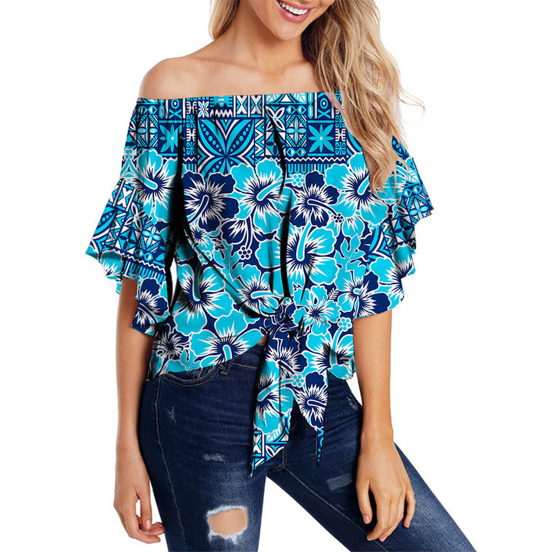 Fiji Hibiscus Festival Off Shoulder Waist Wrap Top Blue LT6 Women Blue - Polynesian Pride