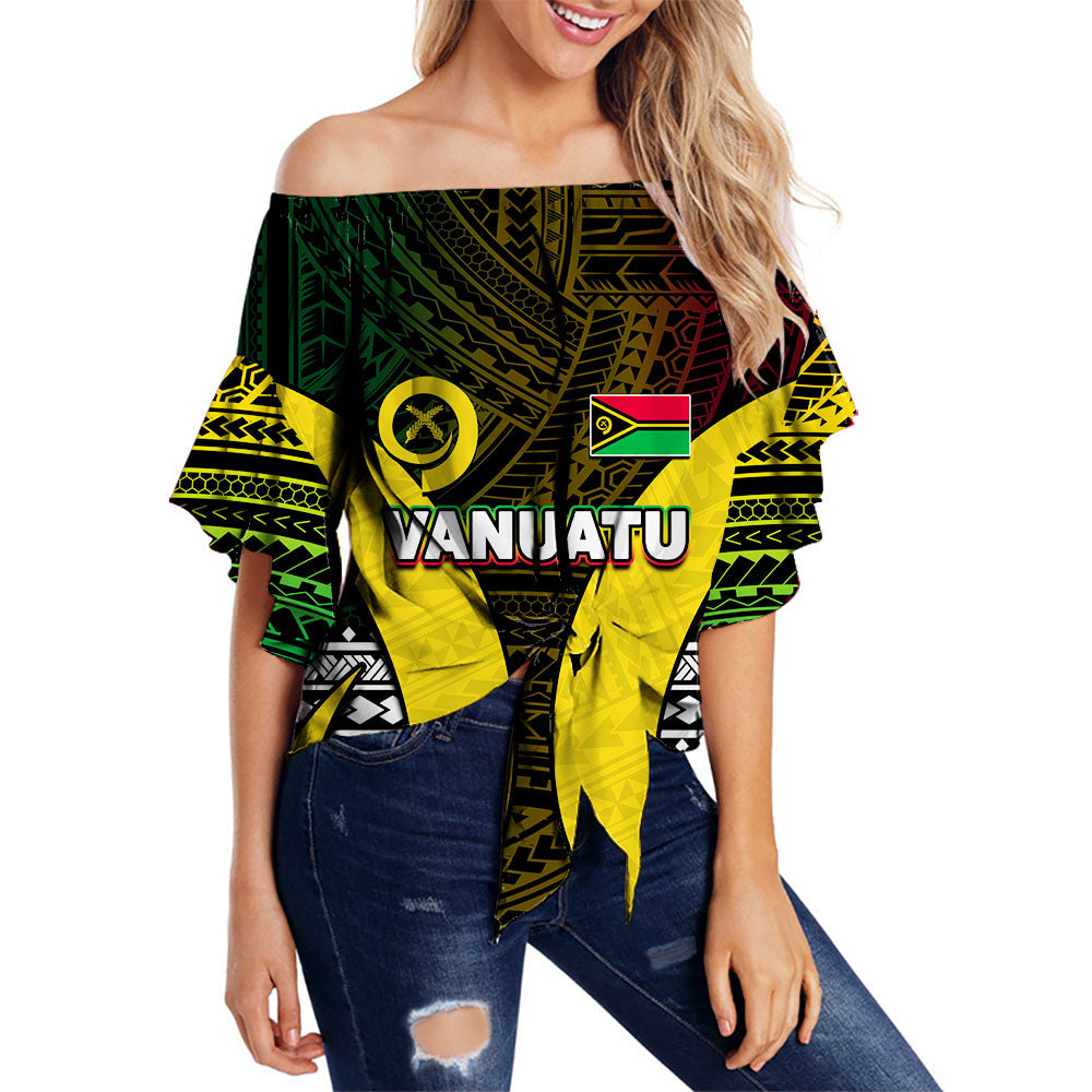 Vanuatu Off Shoulder Waist Wrap Top Polynesian Patterns Mix Pig Tusk LT6 Women Black - Polynesian Pride