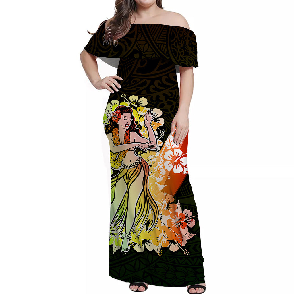 Hawaii Hula Girl Off Shoulder Long Dress Polynesian Style No.1 LT6 Long Dress Art - Polynesian Pride