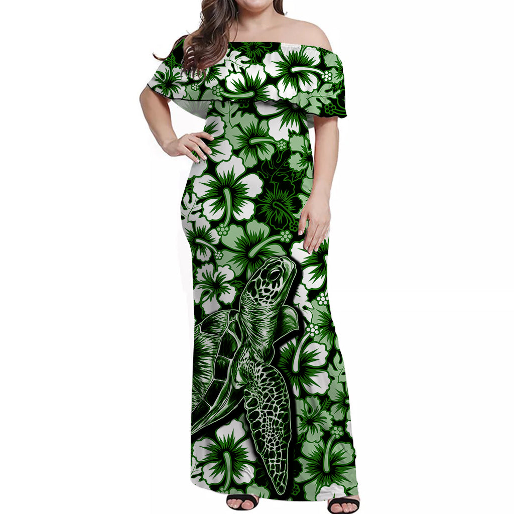 Hawaii Turtle Off Shoulder Long Dress With Hibiscus Green Style LT6 Long Dress Green - Polynesian Pride