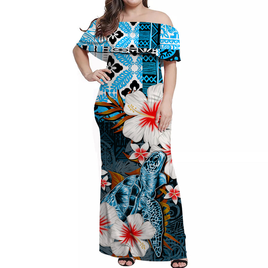 Hawaii Turtle Off Shoulder Long Dress Blue Style LT6 Long Dress Blue - Polynesian Pride