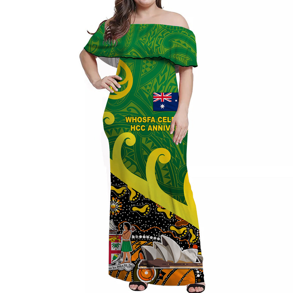 Whosfa Celebrates HCC Anniversary Fiji Australia Aboriginal Off Shoulder Long Dress Silver Fern Koru Vibes - Green LT8 - Polynesian Pride