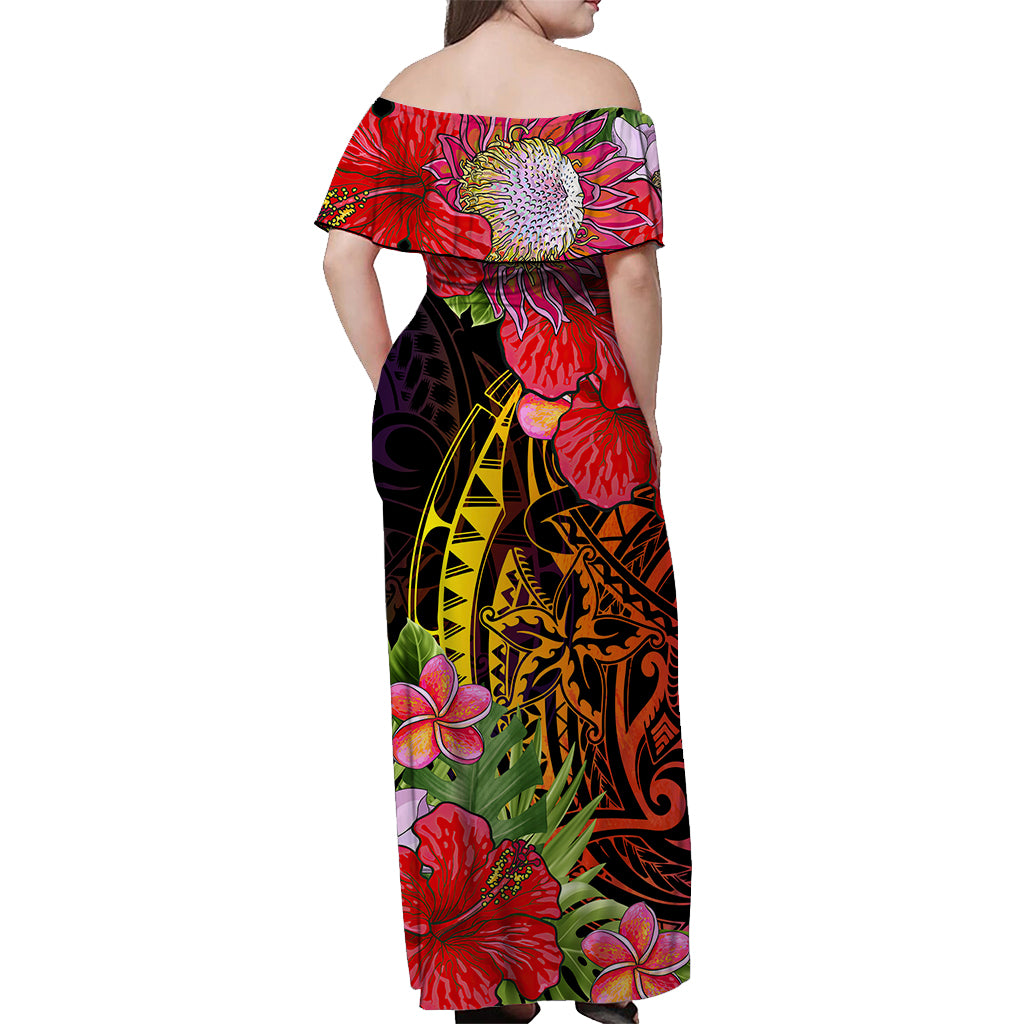 Tahiti French Polynesia Off Shoulder Long Dress Tropical Hippie Style LT4 - Polynesian Pride