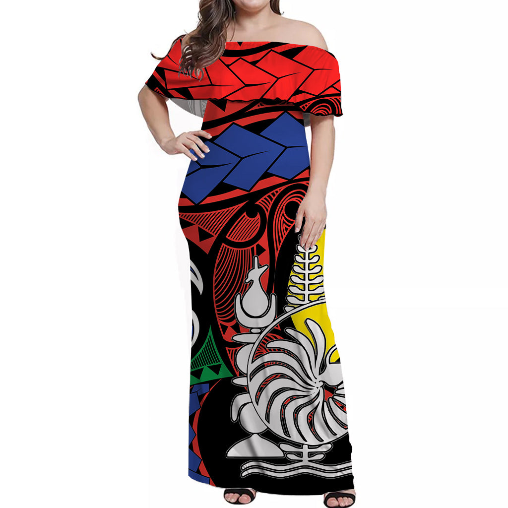 New Caledonia Off Shoulder Long Dress Color Flag LT6 Long Dress Red - Polynesian Pride