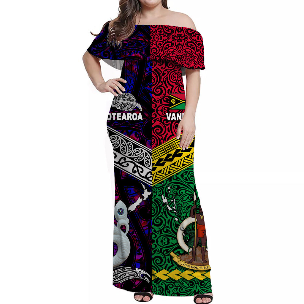 Vanuatu And New Zealand Off Shoulder Long Dress Together - Purple LT8 - Polynesian Pride