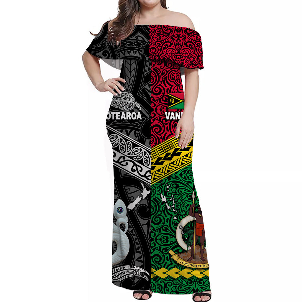 Vanuatu And New Zealand Off Shoulder Long Dress Together - Black LT8 - Polynesian Pride