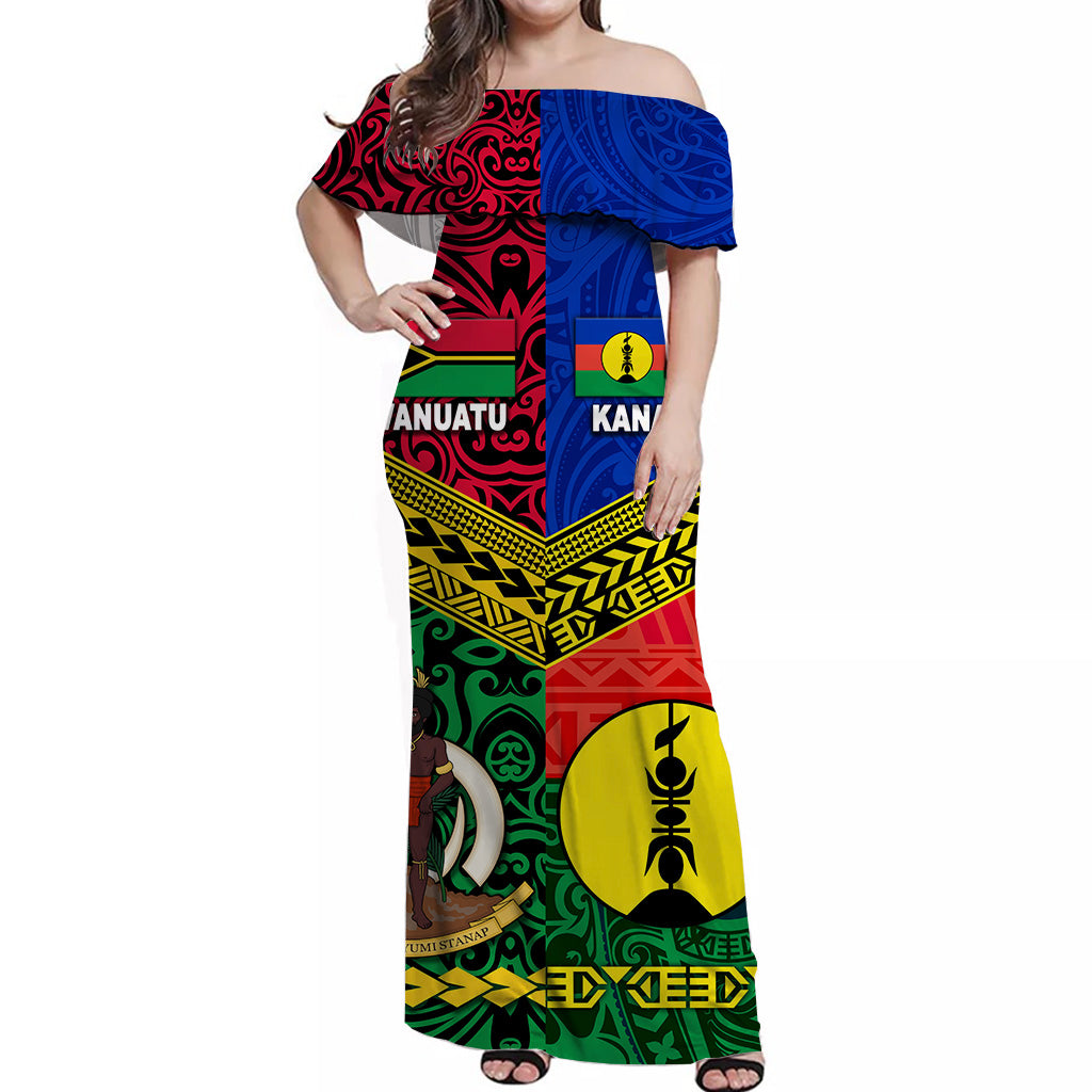 Vanuatu And New Caledonia Kanaky Off Shoulder Long Dress Together LT8 - Polynesian Pride