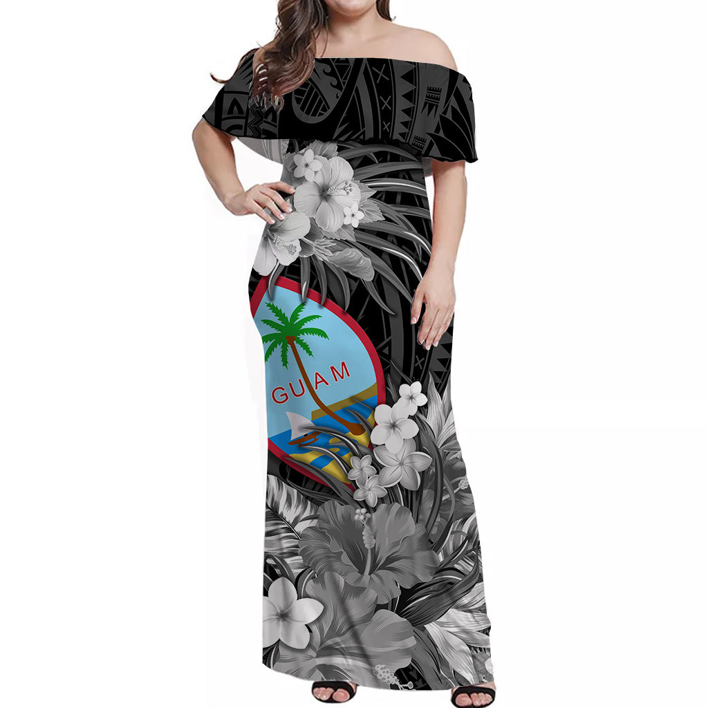 Guam Polynesian Off Shoulder Long Dress Tropical Flowers - Black LT8 - Polynesian Pride