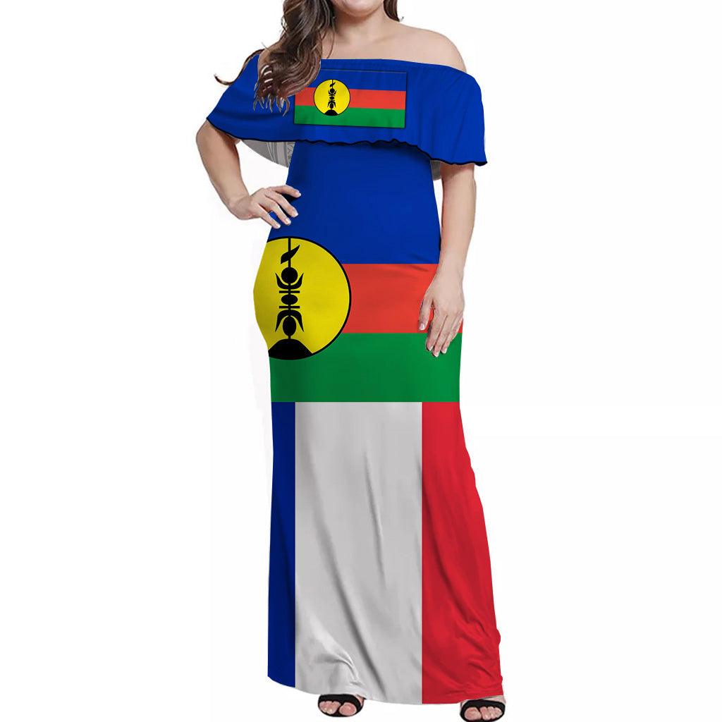 New Caledonia Off Shoulder Long Dress Flag Vibes LT8 - Polynesian Pride