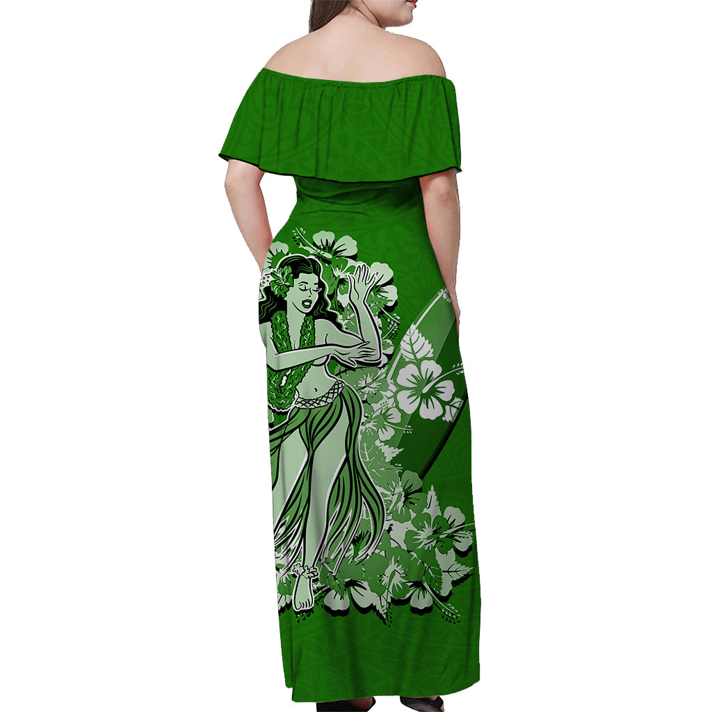 Hawaii Hula Girl Off Shoulder Long Dress Polynesian Green Style LT6 - Polynesian Pride