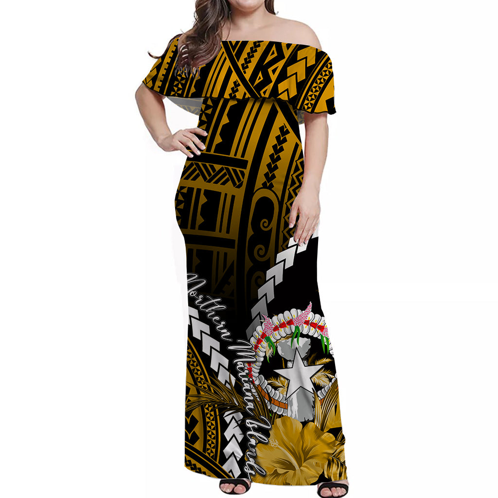 Northern Mariana Islands Off Shoulder Long Dress Polynesian Style Gold Color LT6 Long Dress Gold - Polynesian Pride