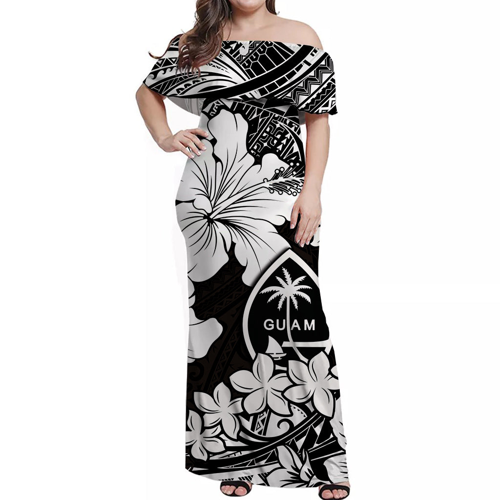 Guam Off Shoulder Long Dress Hibiscus White Style LT6 Long Dress White - Polynesian Pride