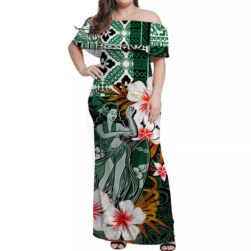 Hawaii Hula Girl Off Shoulder Long Dress Green Style LT6 Long Dress Green - Polynesian Pride