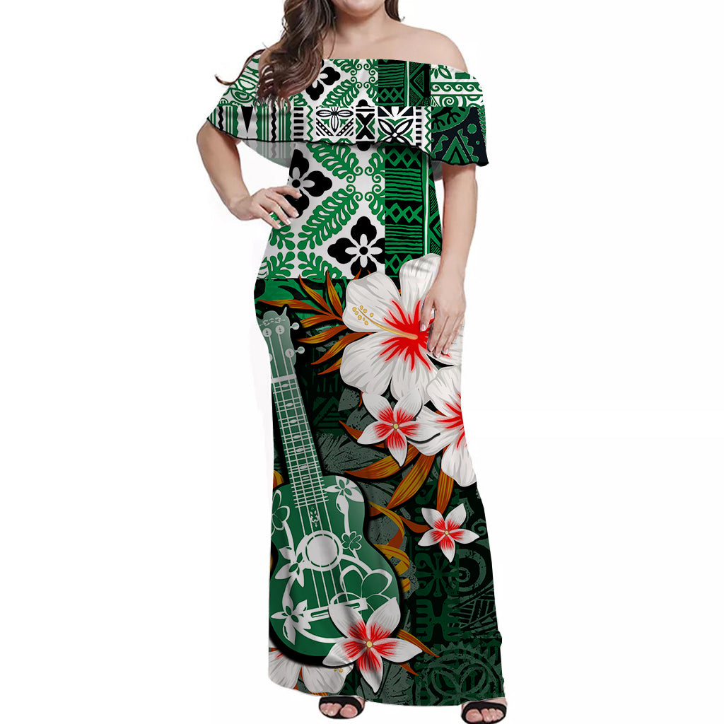 Hawaii Ukulele Off Shoulder Long Dress Green Style LT6 Long Dress Green - Polynesian Pride