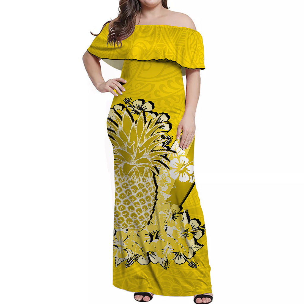 Hawaii Pineapple Off Shoulder Long Dress Polynesian Yellow Style LT6 Long Dress Yellow - Polynesian Pride