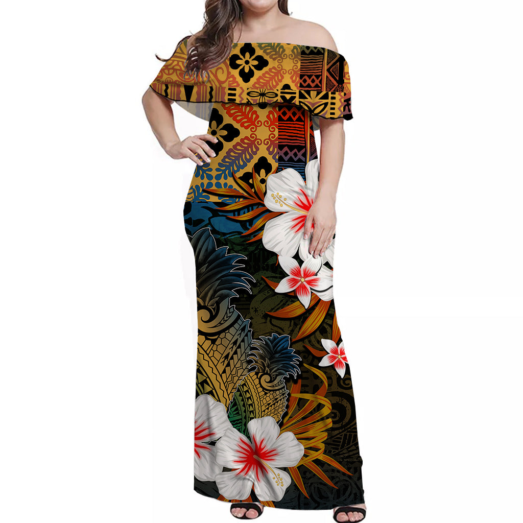 Hawaii Pineapple Off Shoulder Long Dress Hawaii Style No.1 LT6 Long Dress Art - Polynesian Pride